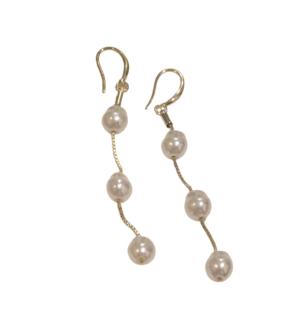Faux Freshwater Pearl Triple Drop Earrings Gold tone Leverback